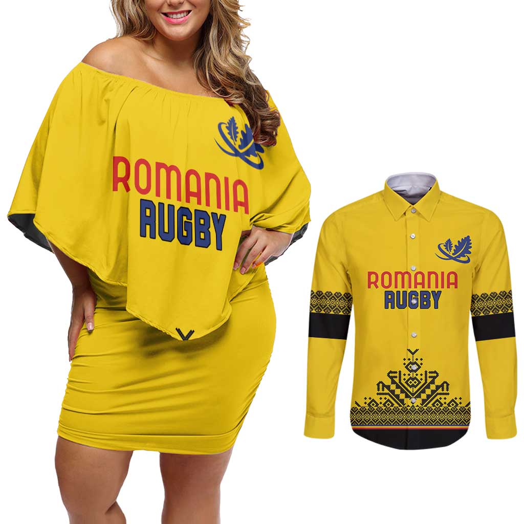 Custom Romania Rugby Couples Matching Off Shoulder Short Dress and Long Sleeve Button Shirt Yellow Version Retro Style