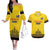 Custom Romania Rugby Couples Matching Off The Shoulder Long Sleeve Dress and Hawaiian Shirt Yellow Version Retro Style