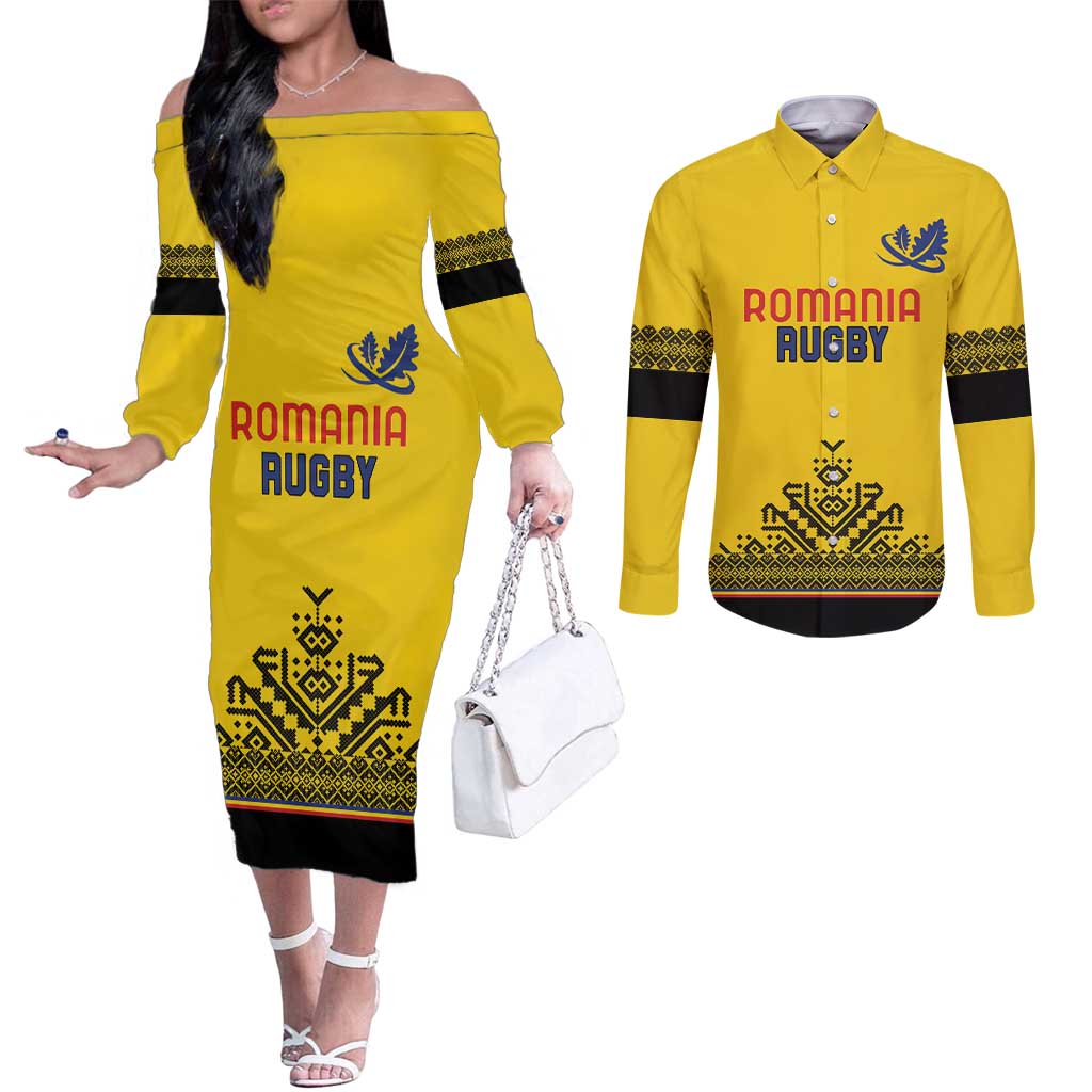 Custom Romania Rugby Couples Matching Off The Shoulder Long Sleeve Dress and Long Sleeve Button Shirt Yellow Version Retro Style