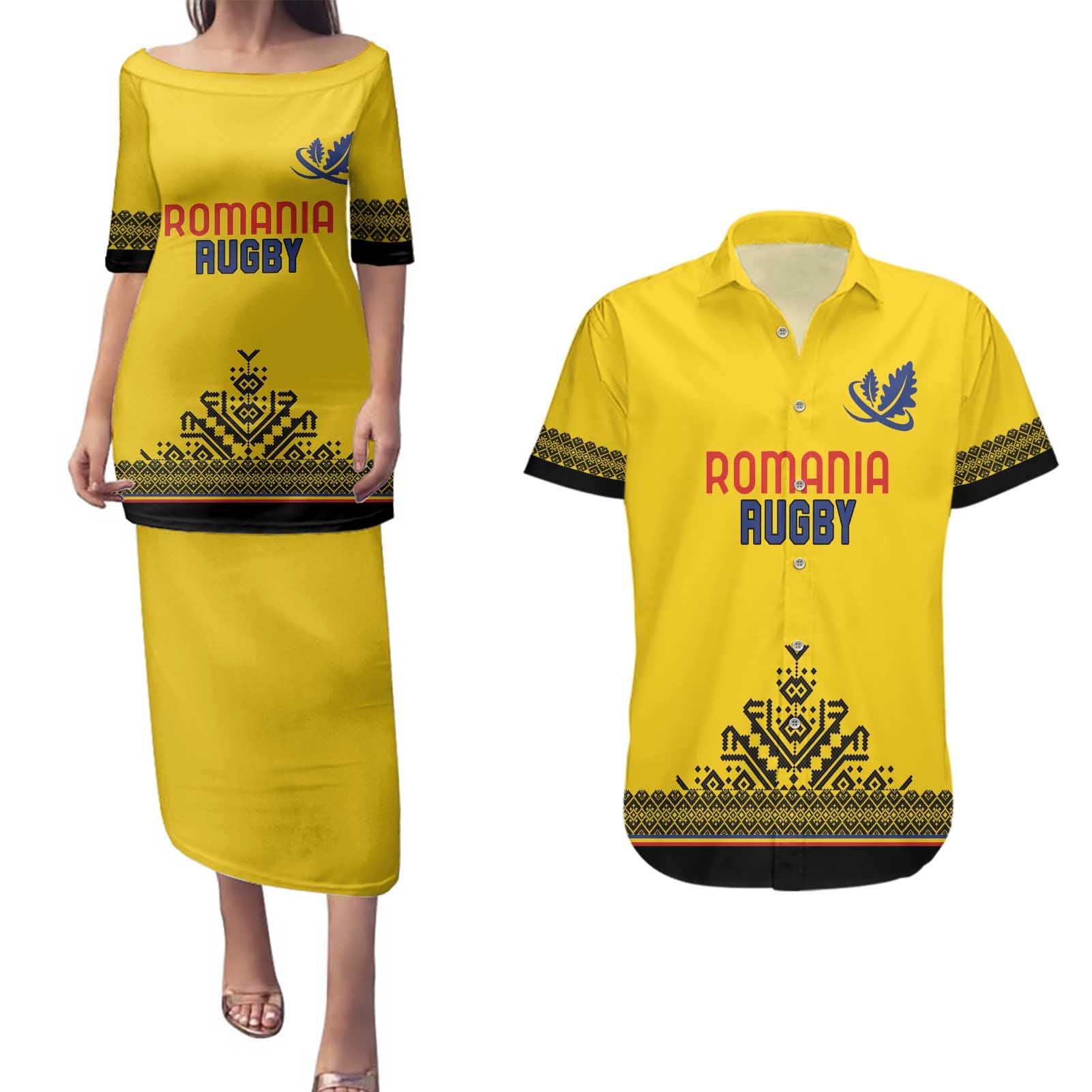 Custom Romania Rugby Couples Matching Puletasi and Hawaiian Shirt Yellow Version Retro Style