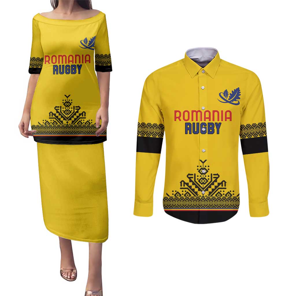 Custom Romania Rugby Couples Matching Puletasi and Long Sleeve Button Shirt Yellow Version Retro Style