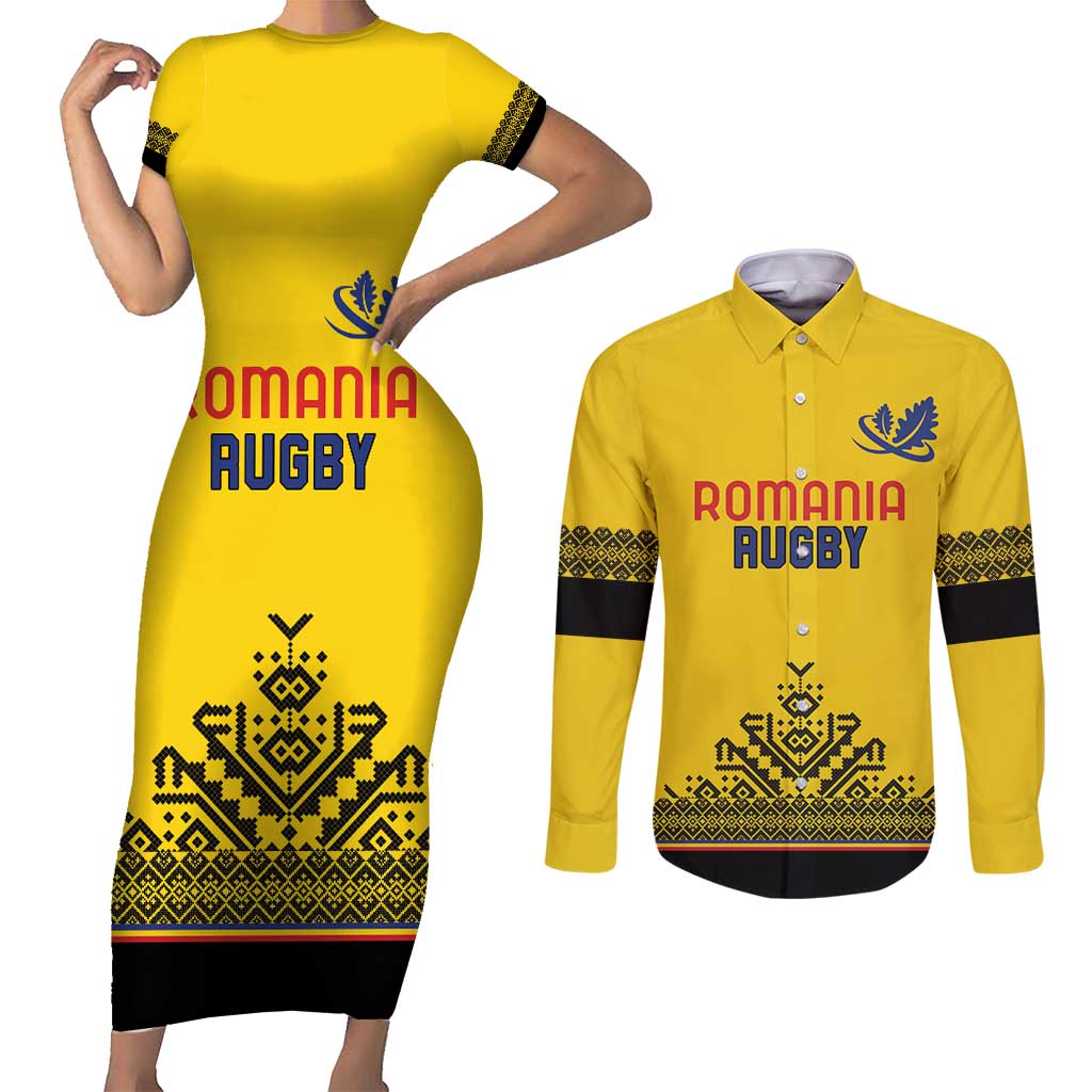 Custom Romania Rugby Couples Matching Short Sleeve Bodycon Dress and Long Sleeve Button Shirt Yellow Version Retro Style