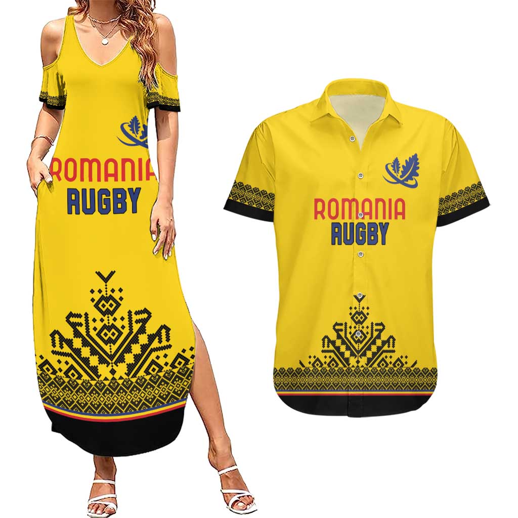 Custom Romania Rugby Couples Matching Summer Maxi Dress and Hawaiian Shirt Yellow Version Retro Style