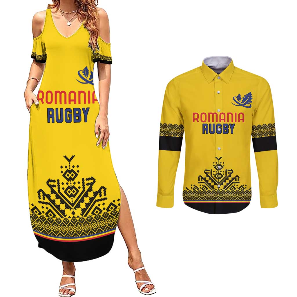 Custom Romania Rugby Couples Matching Summer Maxi Dress and Long Sleeve Button Shirt Yellow Version Retro Style