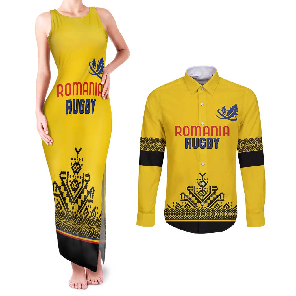 Custom Romania Rugby Couples Matching Tank Maxi Dress and Long Sleeve Button Shirt Yellow Version Retro Style