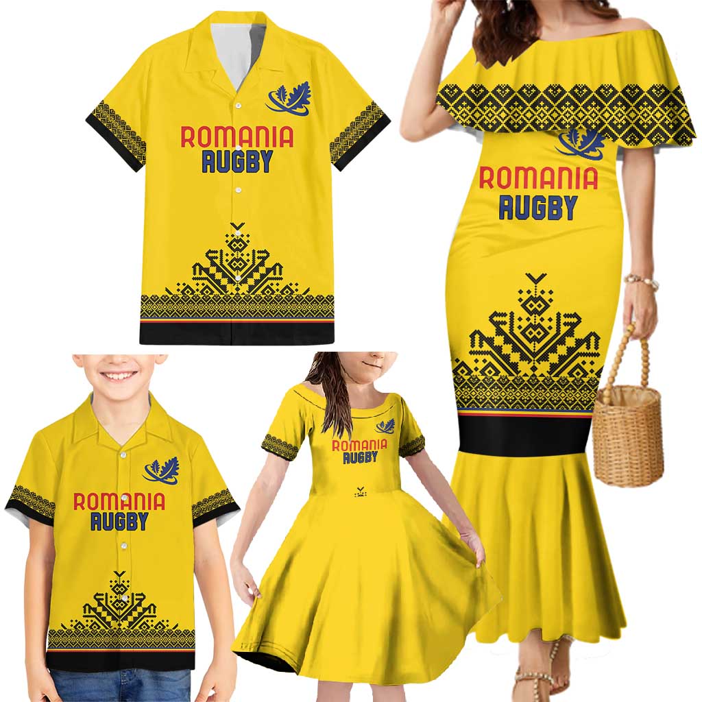 Custom Romania Rugby Family Matching Mermaid Dress and Hawaiian Shirt Yellow Version Retro Style