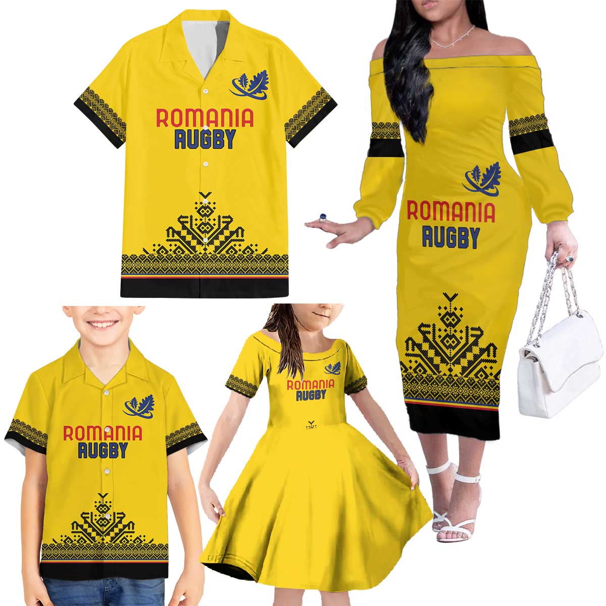 Custom Romania Rugby Family Matching Off The Shoulder Long Sleeve Dress and Hawaiian Shirt Yellow Version Retro Style