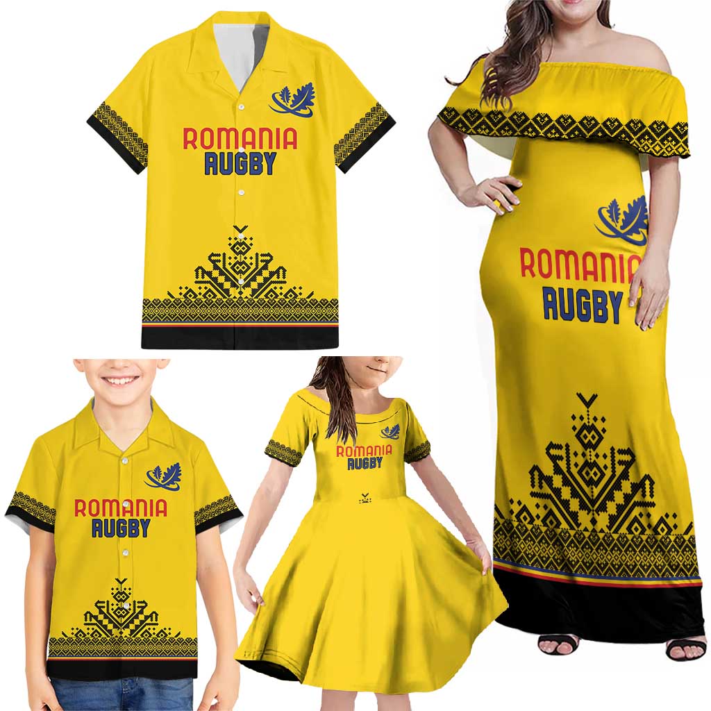 Custom Romania Rugby Family Matching Off Shoulder Maxi Dress and Hawaiian Shirt Yellow Version Retro Style