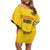 Custom Romania Rugby Family Matching Off Shoulder Short Dress and Hawaiian Shirt Yellow Version Retro Style