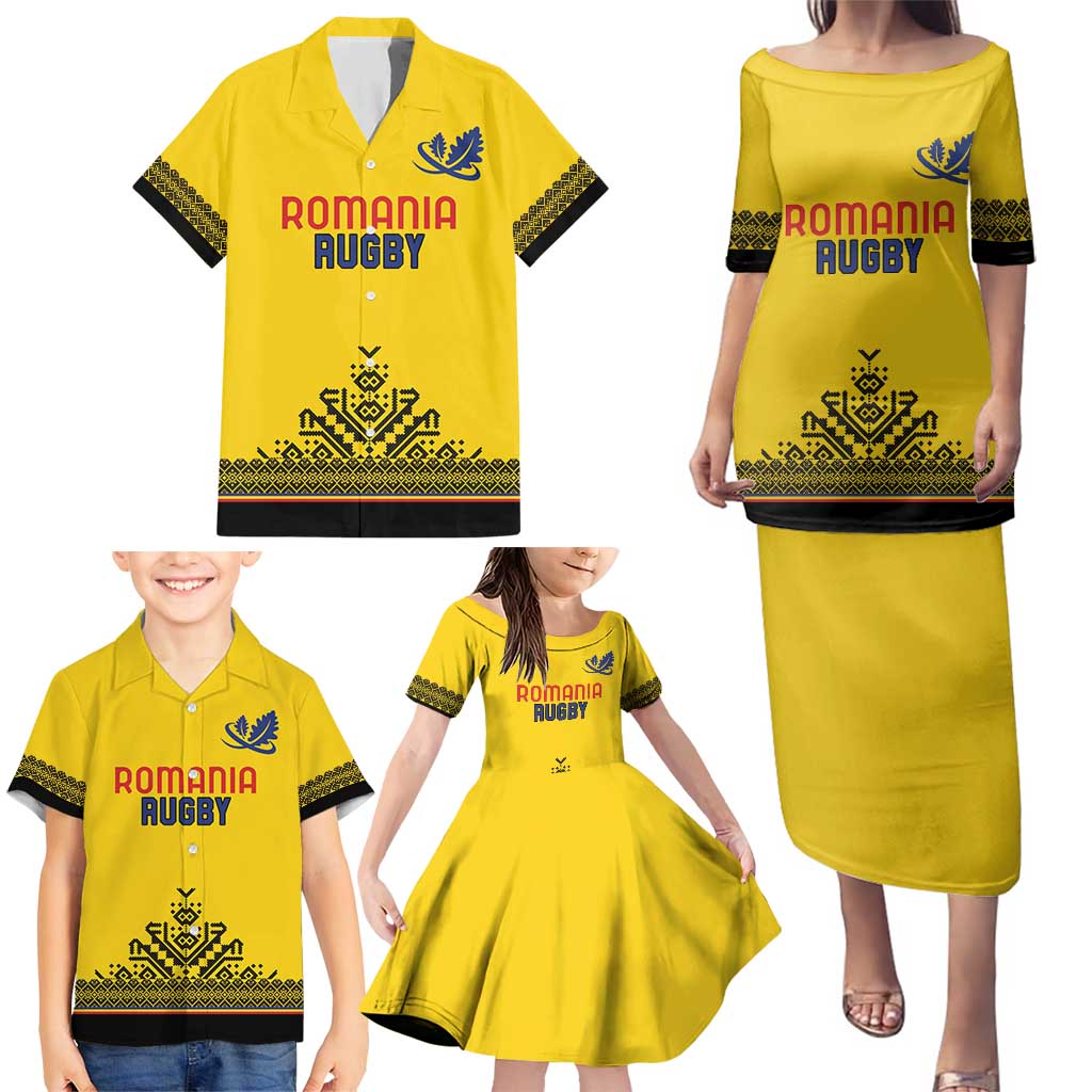 Custom Romania Rugby Family Matching Puletasi and Hawaiian Shirt Yellow Version Retro Style