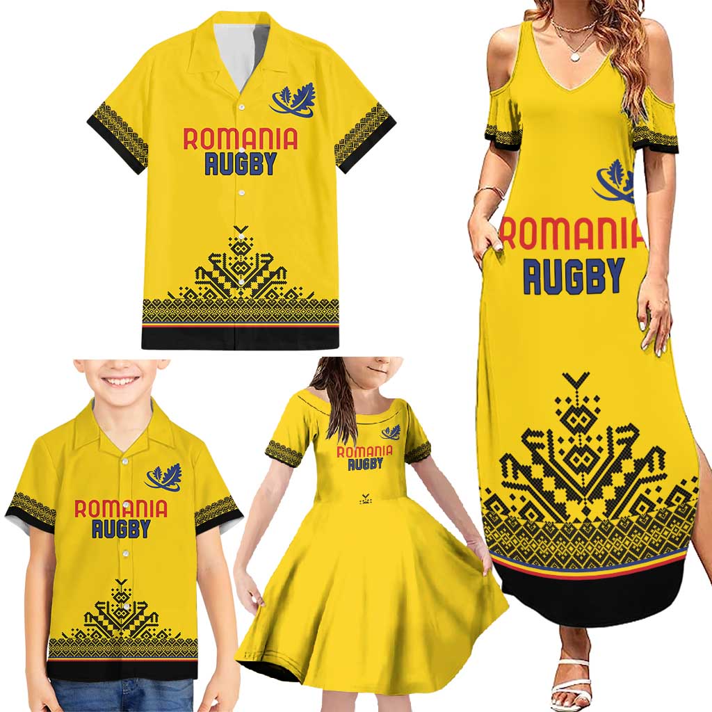 Custom Romania Rugby Family Matching Summer Maxi Dress and Hawaiian Shirt Yellow Version Retro Style