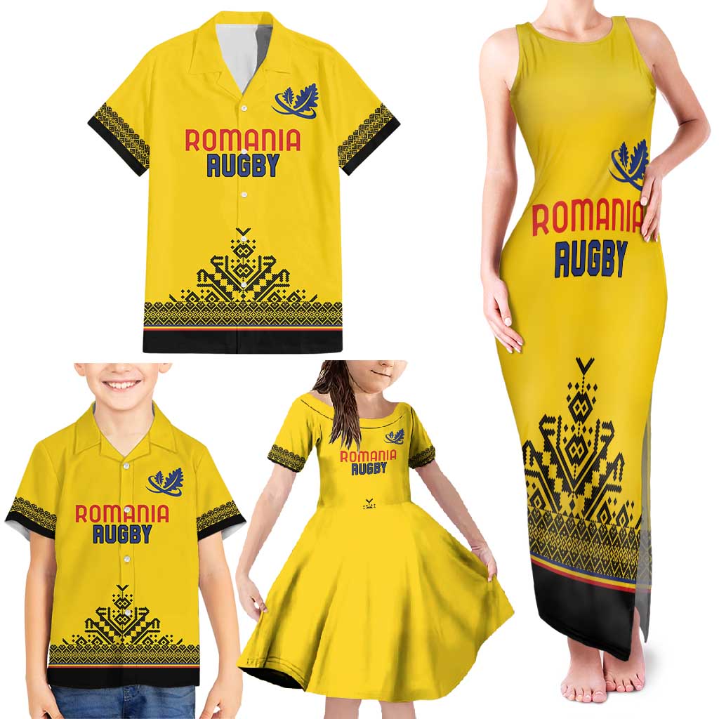 Custom Romania Rugby Family Matching Tank Maxi Dress and Hawaiian Shirt Yellow Version Retro Style