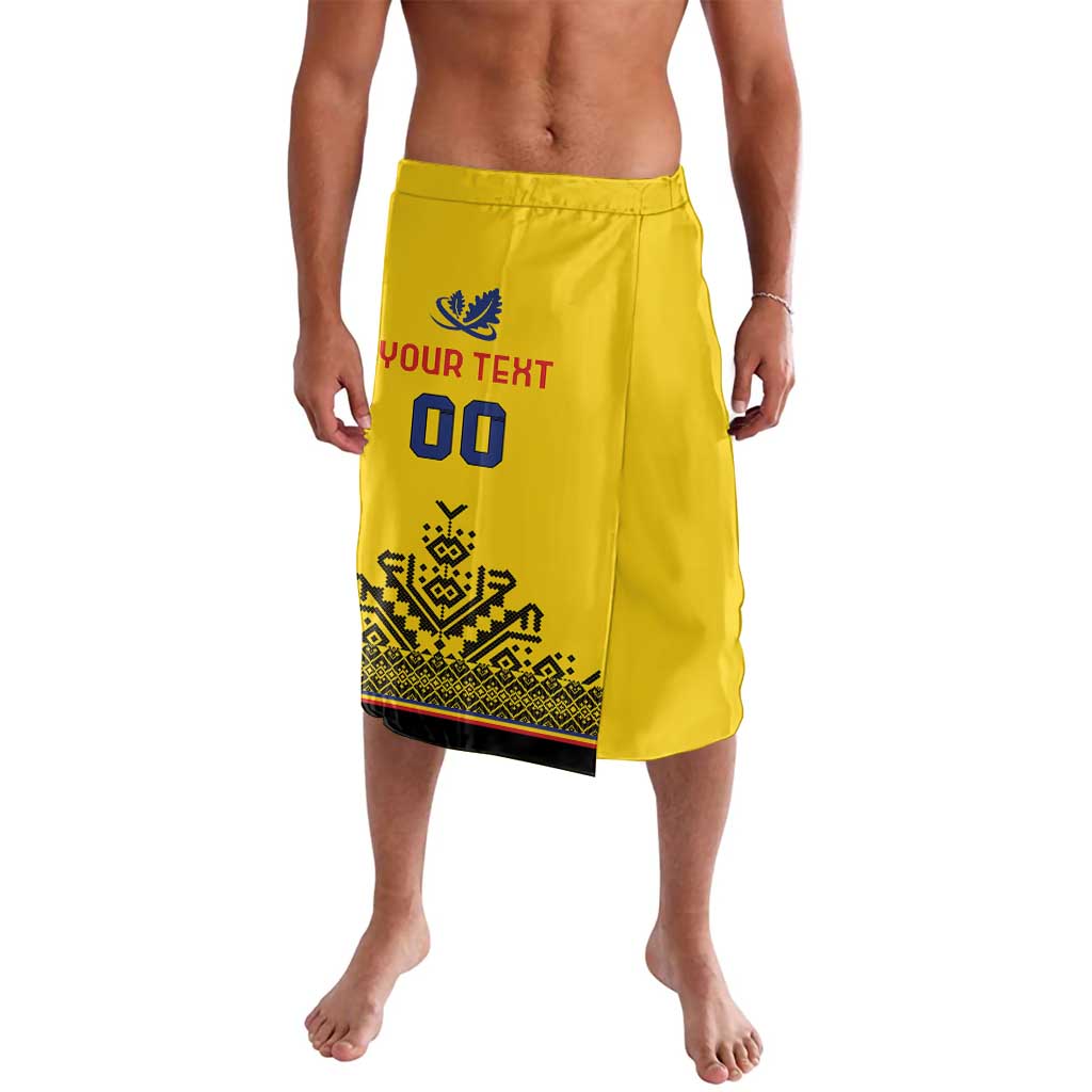 Yellow rugby shorts with "YOUR TEXT" and number 00, patterned hem panel