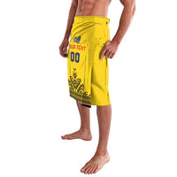 Yellow rugby shorts angled view with "YOUR TEXT" and number 00 on front