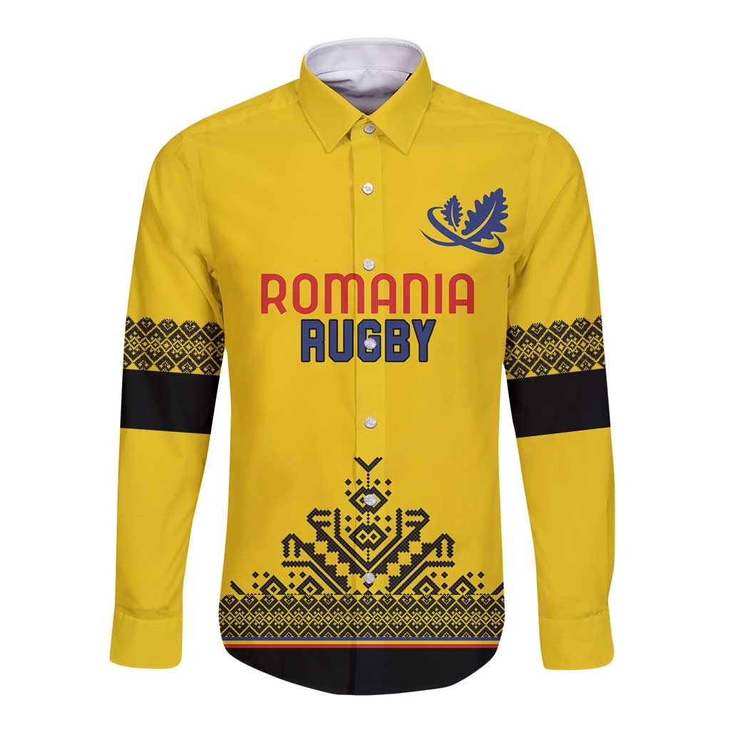 Yellow long-sleeve rugby button shirt with ROMANIA RUGBY front print and dark trim