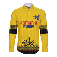 Yellow long-sleeve rugby button shirt with ROMANIA RUGBY front print and dark trim