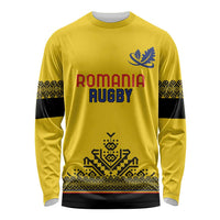 Yellow rugby long-sleeve shirt with Romania crest, 'ROMANIA RUGBY' front print and trim