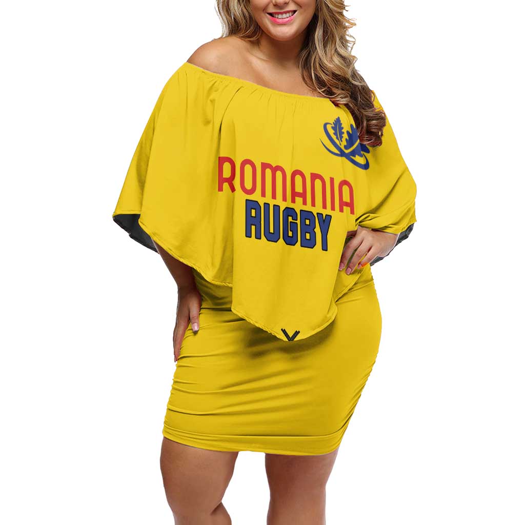 Custom Romania Rugby Off Shoulder Short Dress Yellow Version Retro Style