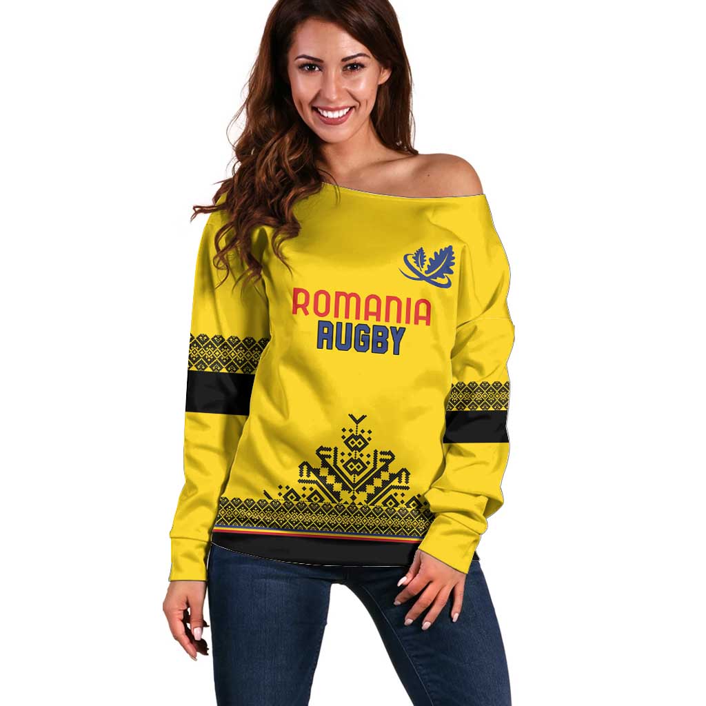 Custom Romania Rugby Off Shoulder Sweater Yellow Version Retro Style