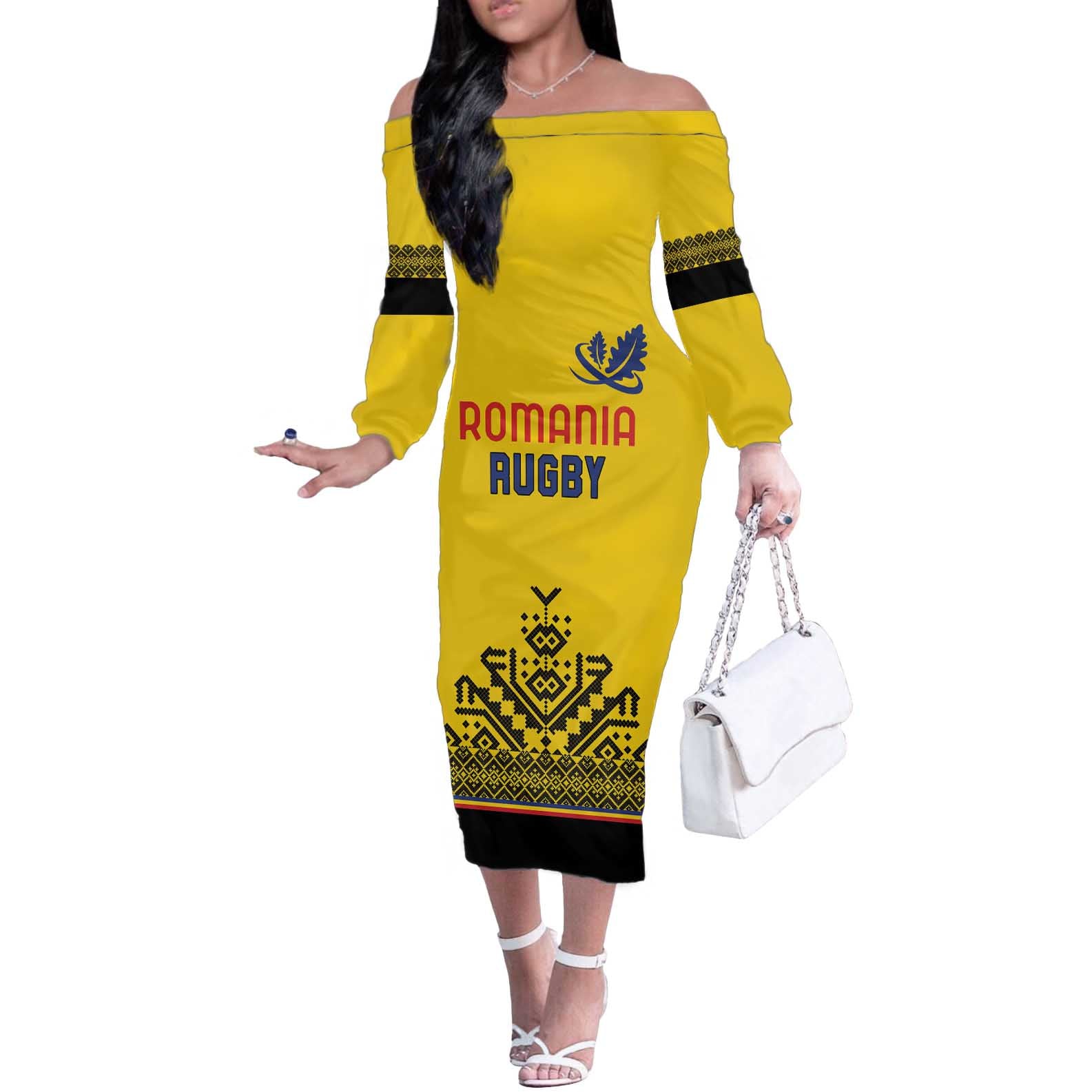 Custom Romania Rugby Off The Shoulder Long Sleeve Dress Yellow Version Retro Style