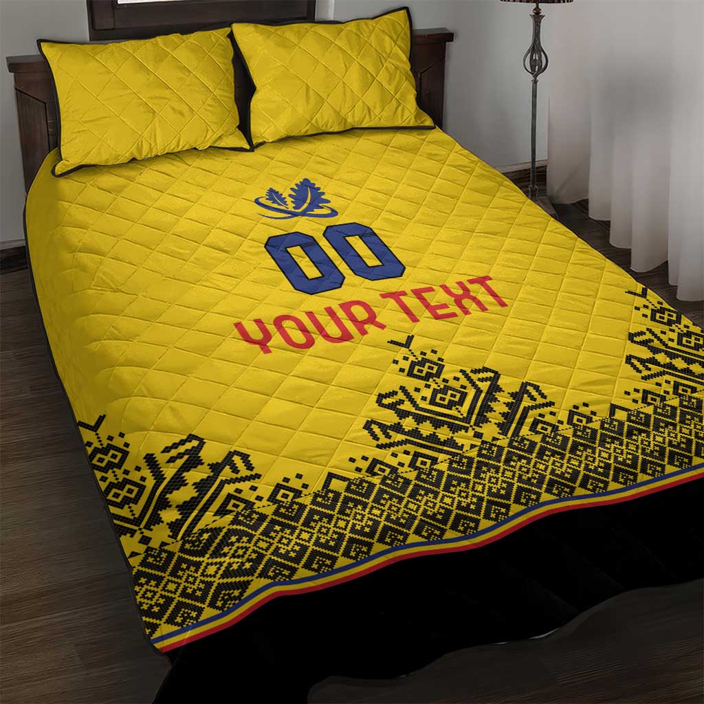 Custom Romania Rugby Quilt Bed Set Yellow Version Retro Style - Wonder Print Shop