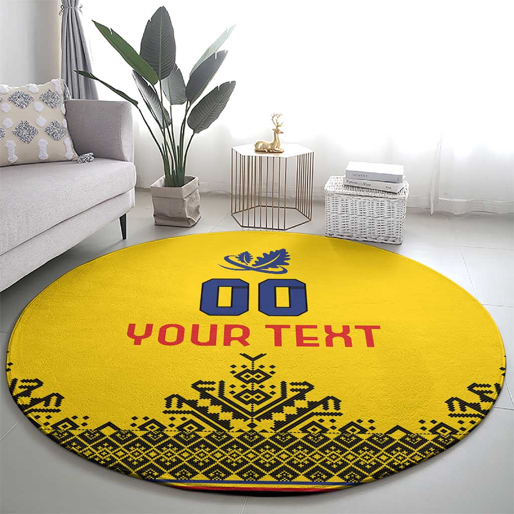 Round yellow rug with “YOUR TEXT”, blue crest design, red lettering and detailed patterned edge