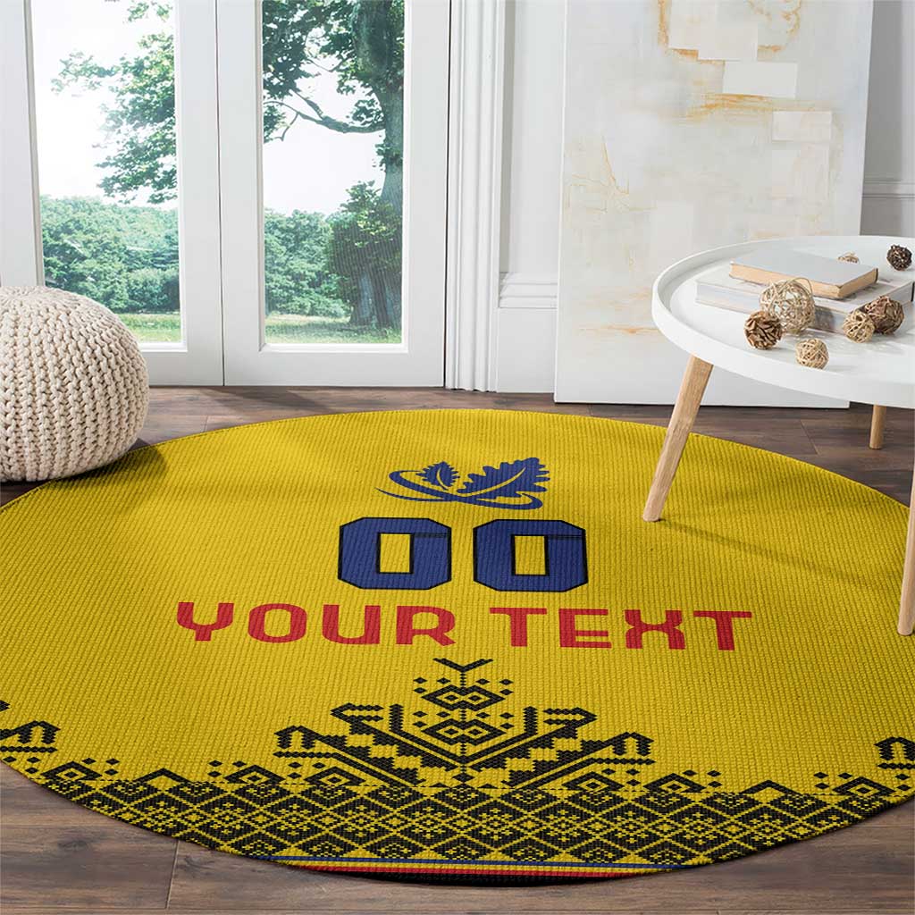 Round yellow rug featuring “YOUR TEXT” and blue crest with decorative central geometric motif