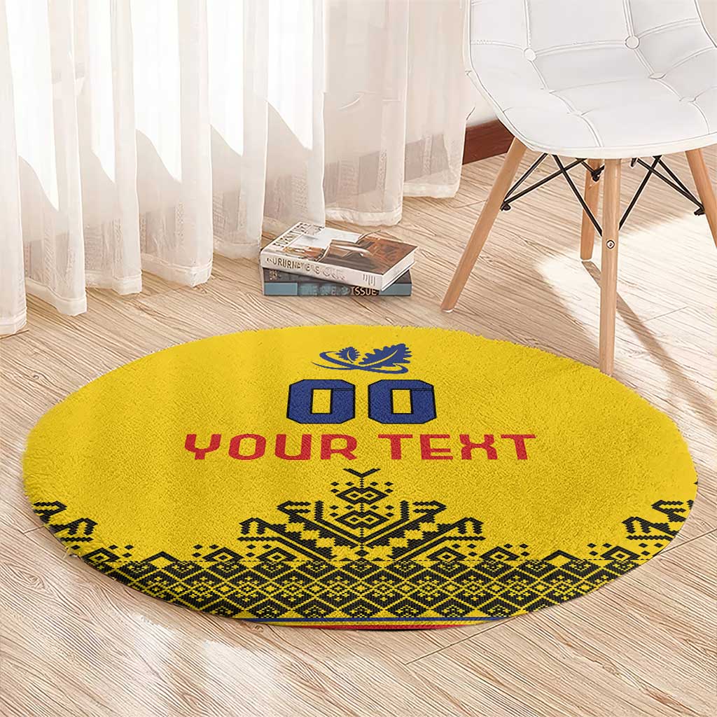 Round yellow rug with “YOUR TEXT” and blue icon, red lettering, and dark geometric border