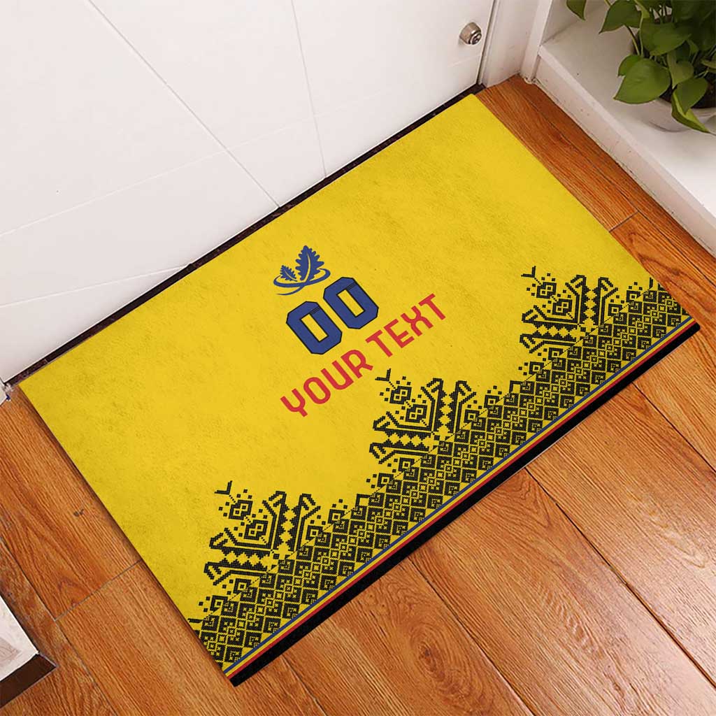 Yellow doormat with black edge trim, blue '00' and red 'YOUR TEXT'.