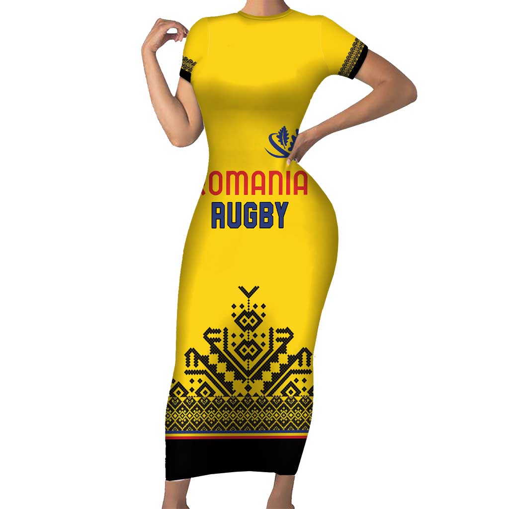 Custom Romania Rugby Short Sleeve Bodycon Dress Yellow Version Retro Style