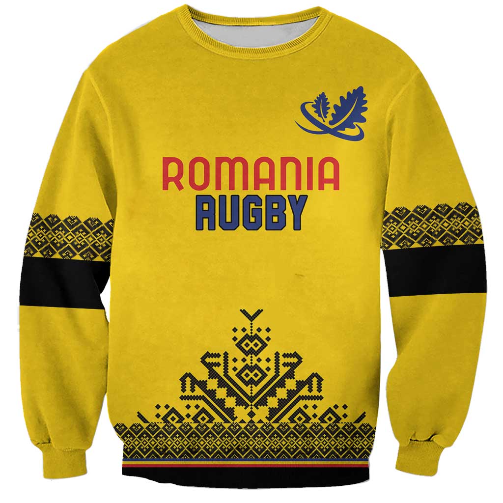 Yellow rugby sweatshirt with Romania Rugby print, leaf crest, and patterned sleeve stripes
