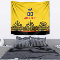 Yellow tapestry with blue “00”, red “YOUR TEXT”, and black patterned band along bottom