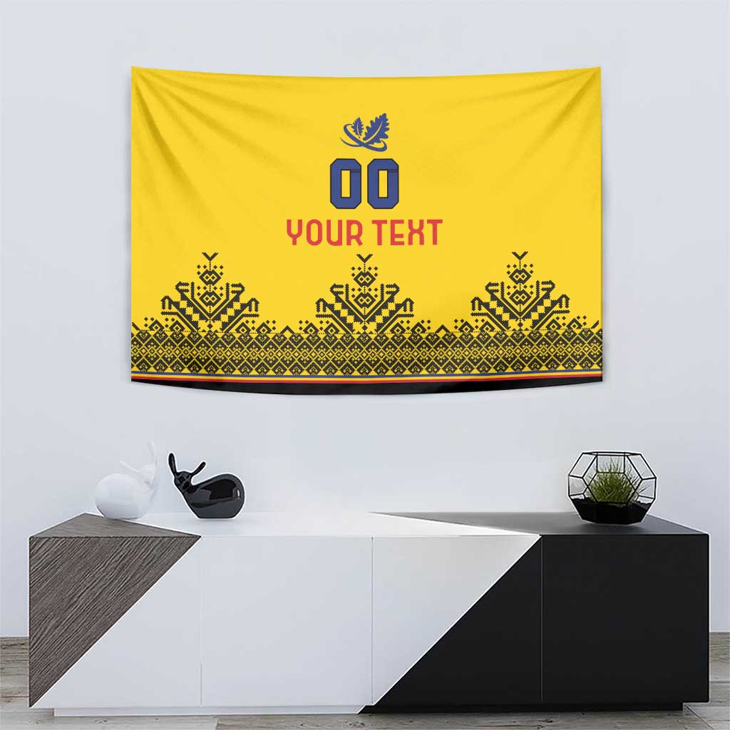 Yellow wall tapestry with blue emblem, “00” and “YOUR TEXT”, black patterned trim