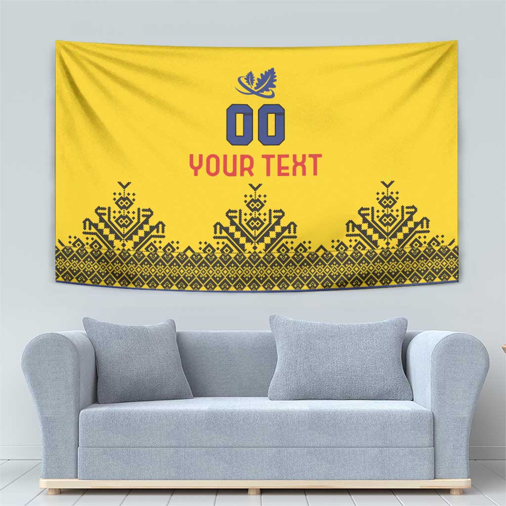 Yellow rugby tapestry with blue crest, red “YOUR TEXT”, and black geometric border