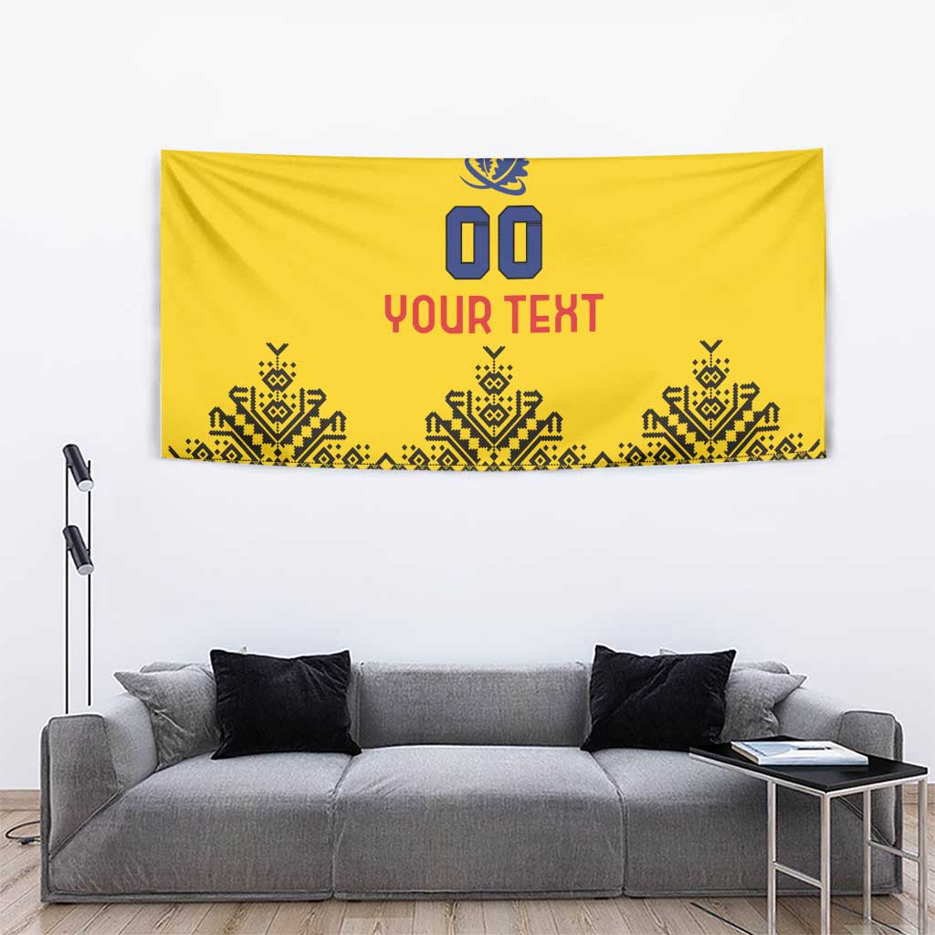 Yellow personalized tapestry with blue “00”, red “YOUR TEXT”, and black patterned bottom trim