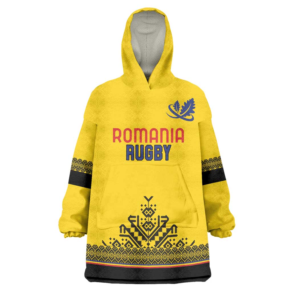 Custom Romania Rugby Wearable Blanket Hoodie Yellow Version Retro Style