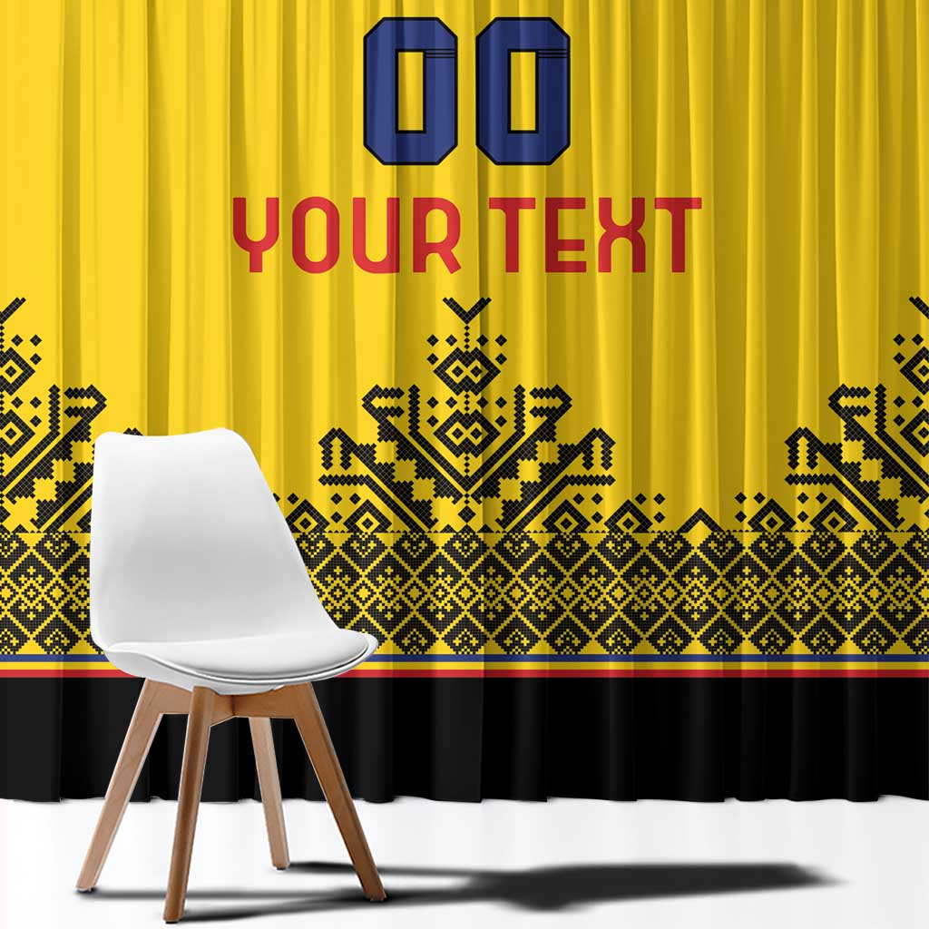 Yellow window curtain close-up with blue numbers, red text, and black patterned hem