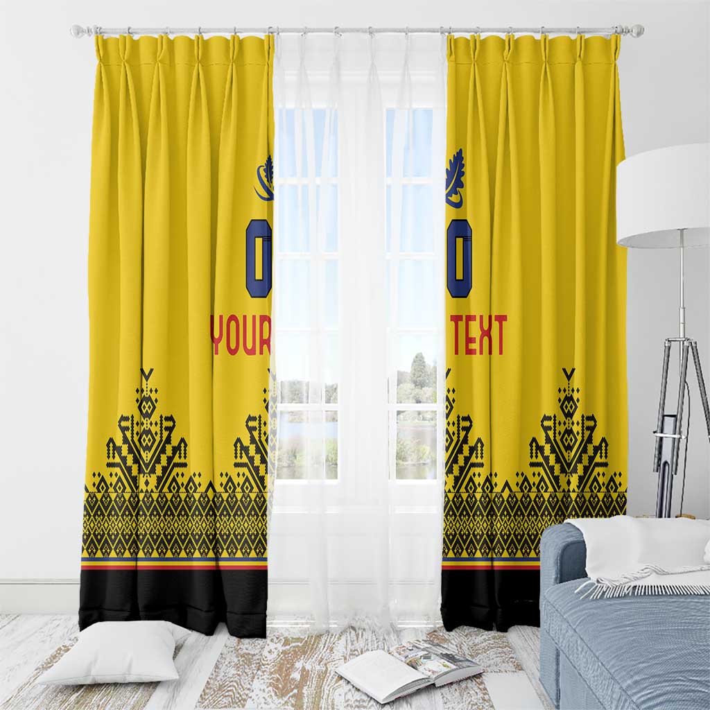Yellow window curtains with hanging loops, blue crest and red text, black patterned border