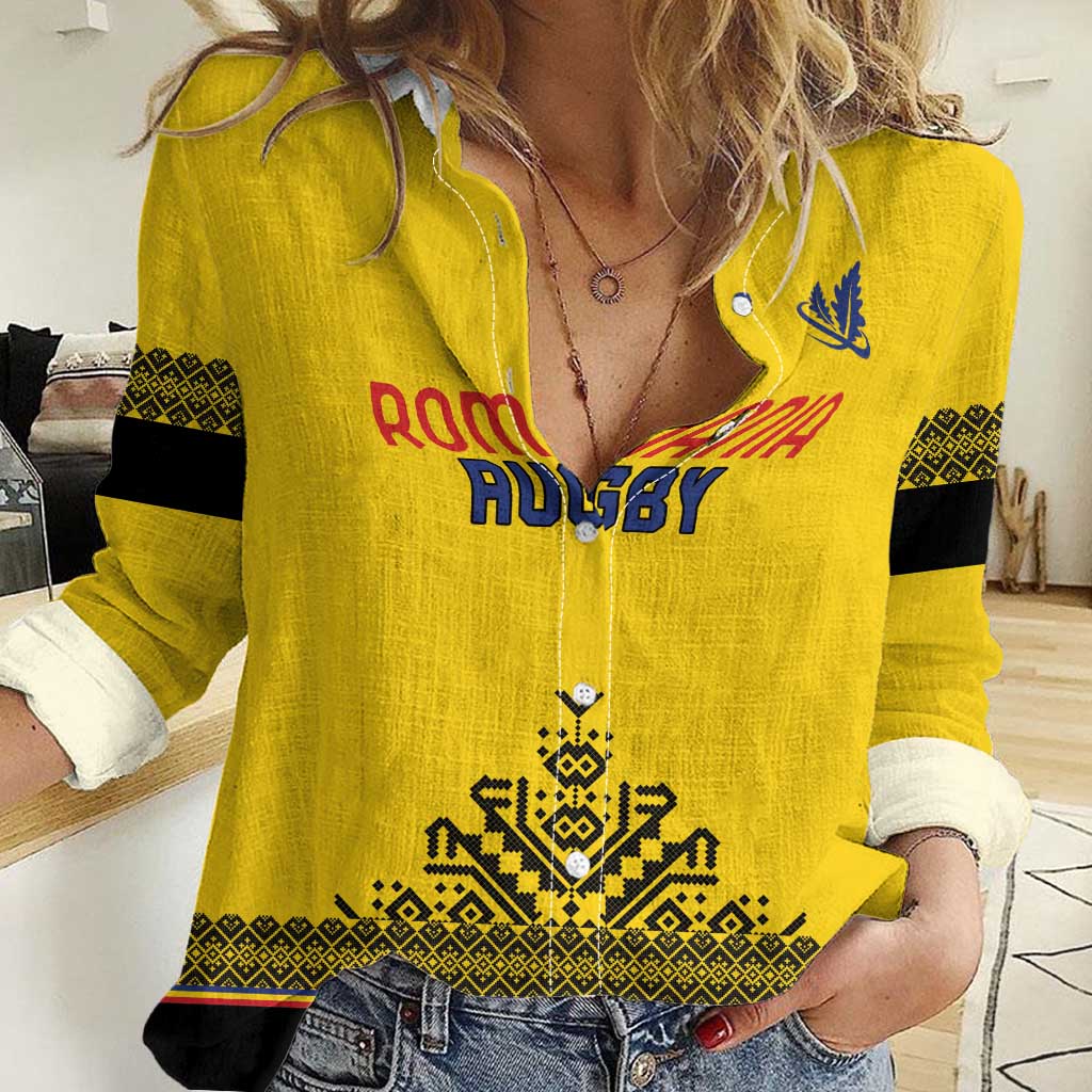 Custom Romania Rugby Women Casual Shirt Yellow Version Retro Style