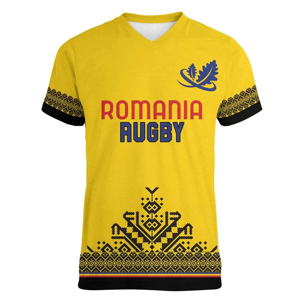 Custom Romania Rugby Women V-Neck T-Shirt Yellow Version Retro Style