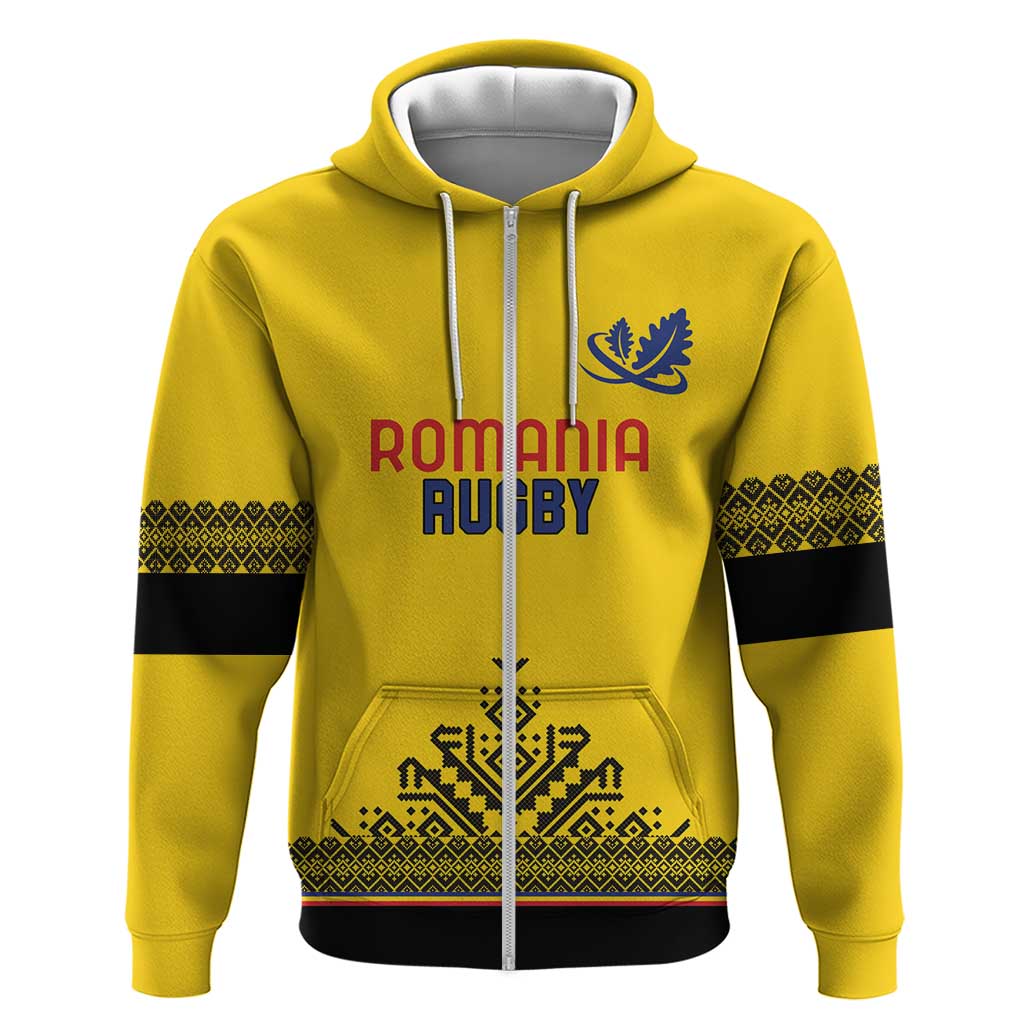 Custom Romania Rugby Zip Hoodie Yellow Version Retro Style