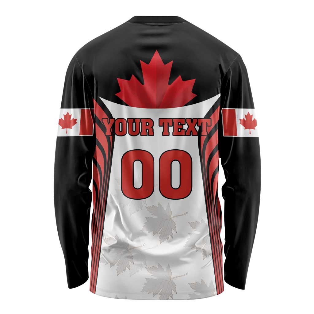 Black long sleeve hockey jersey back with Canada flag sleeves, 'YOUR TEXT' and 00