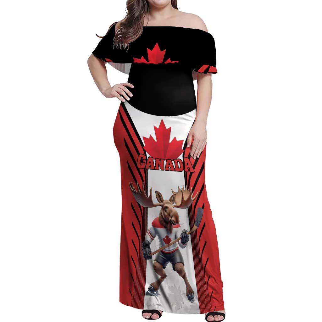 Custom Canada Hockey Off Shoulder Maxi Dress Moose Playing Ice Hockey