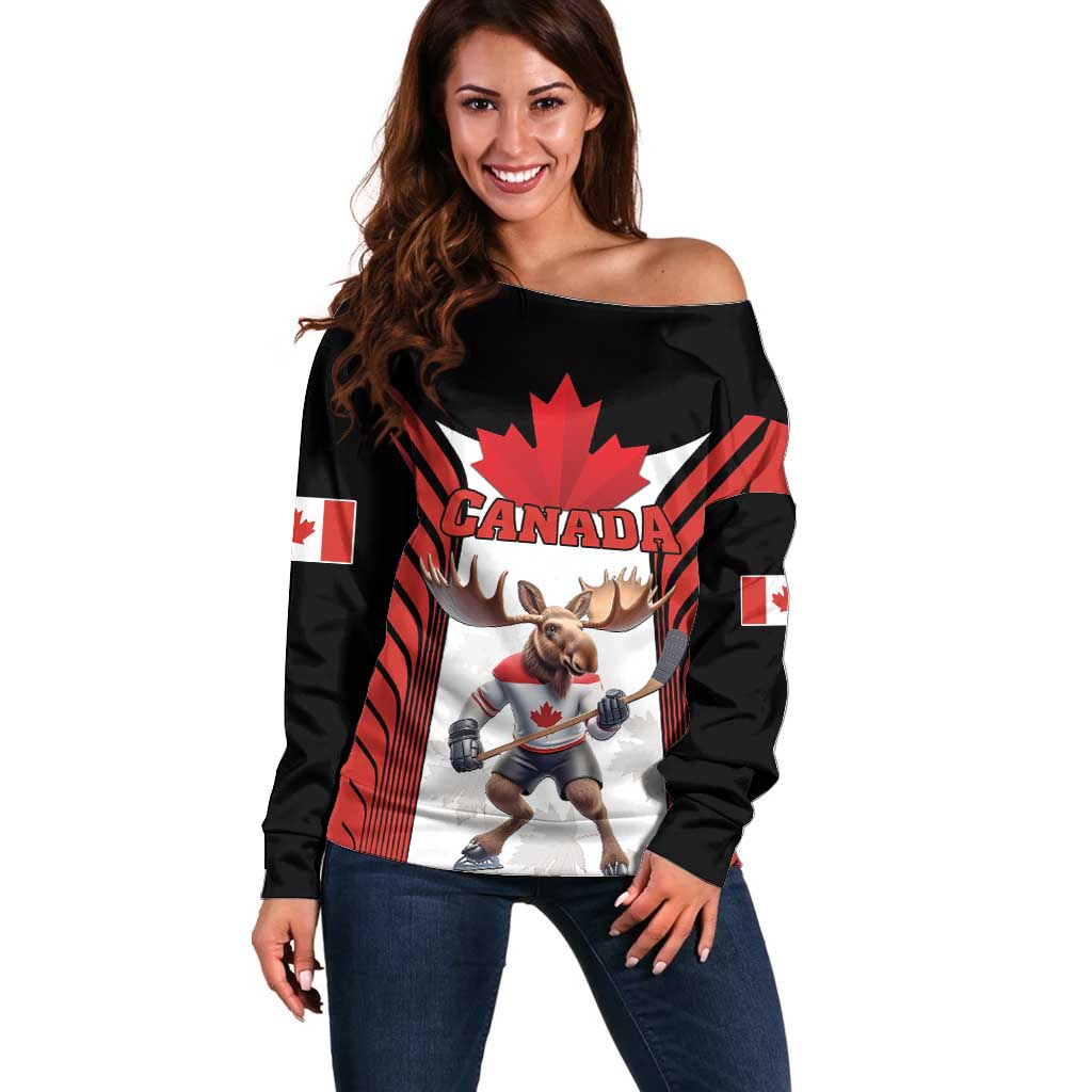 Custom Canada Hockey Off Shoulder Sweater Moose Playing Ice Hockey