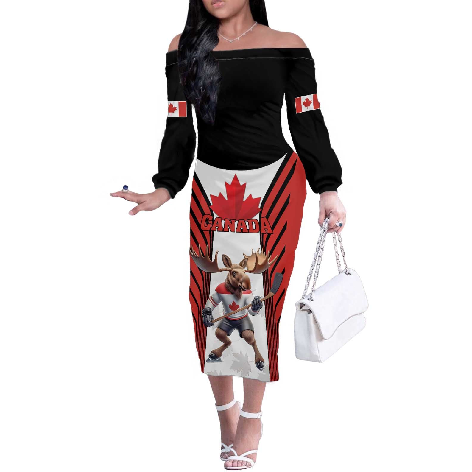 Custom Canada Hockey Off The Shoulder Long Sleeve Dress Moose Playing Ice Hockey