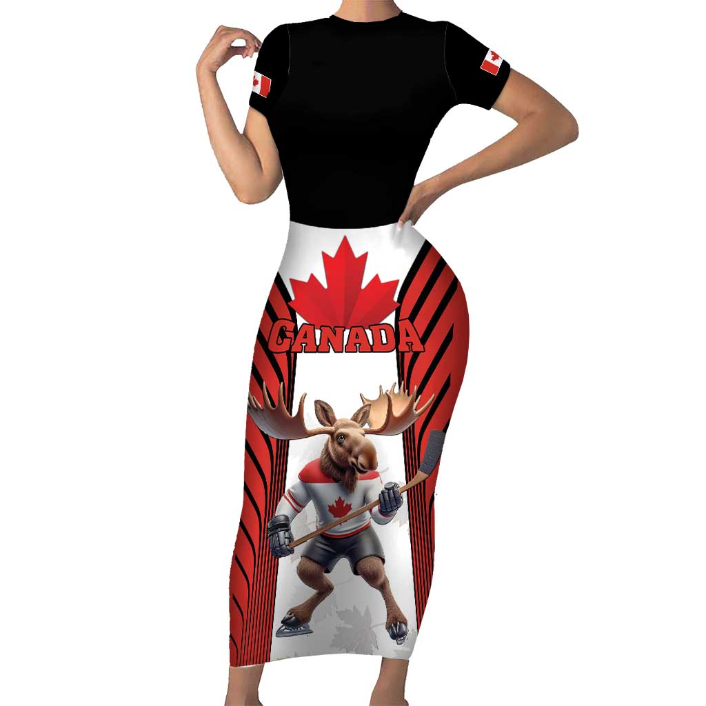 Custom Canada Hockey Short Sleeve Bodycon Dress Moose Playing Ice Hockey