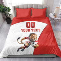 Red and white football bedding set with “00 YOUR TEXT” and lion mascot soccer ball, two pillows