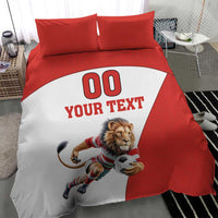 Red and white football bedding set with “00 YOUR TEXT” and lion mascot soccer ball, two pillows