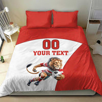 Red and white football bedding set with lion mascot soccer ball and “YOUR TEXT”, two pillows