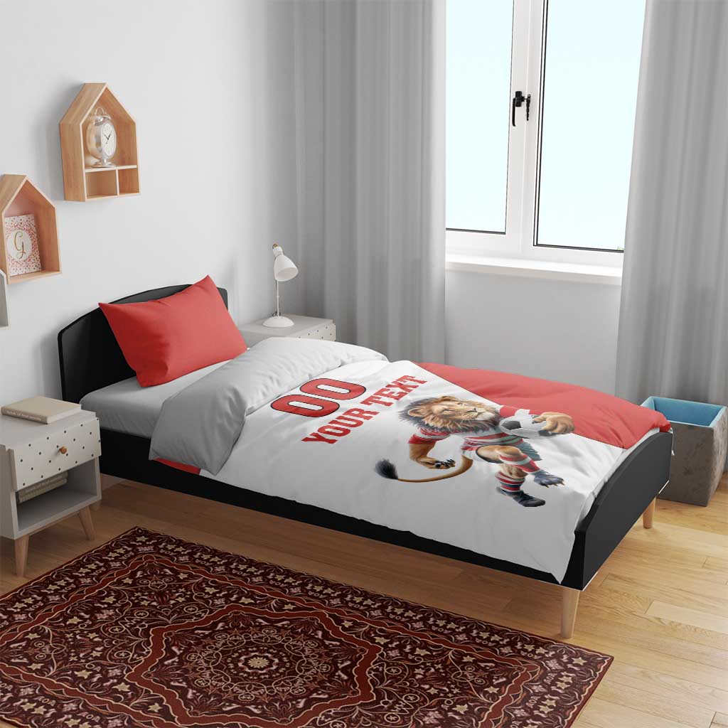 Red and white football bedding set with “00 YOUR TEXT” and lion mascot soccer ball, two pillows